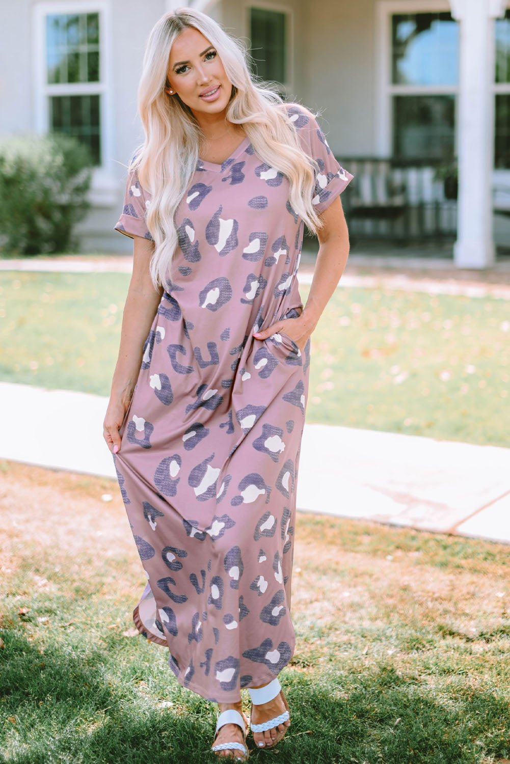 Leopard Print V Neck Long T-shirt Dress