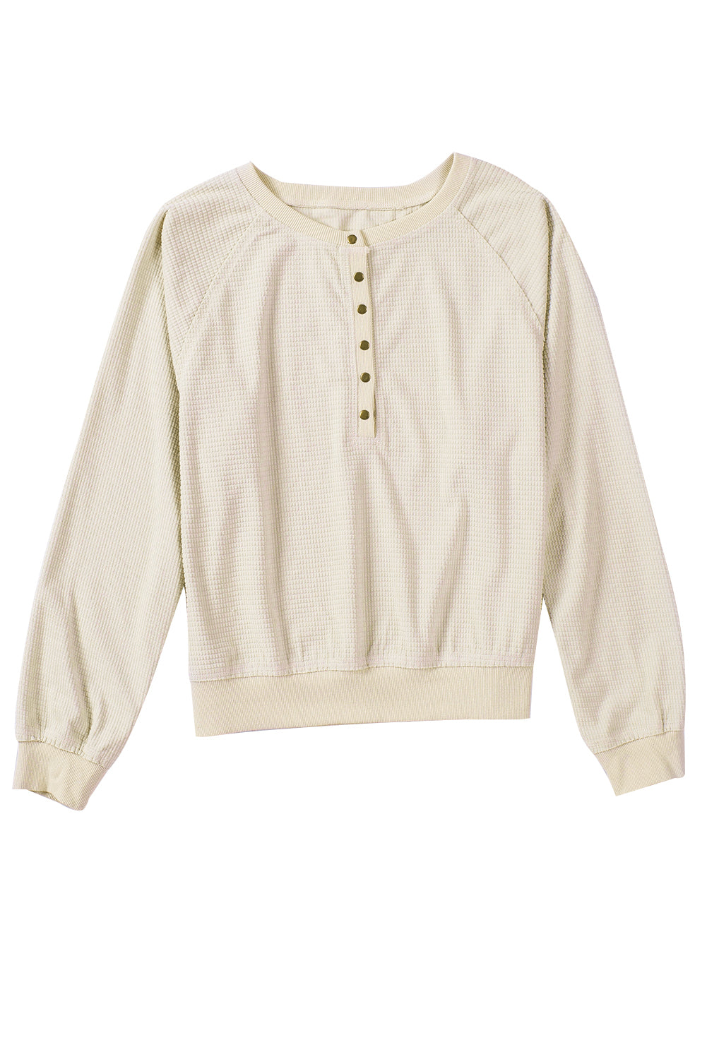 Beige Snap Button V-Neck Waffle Knit Top