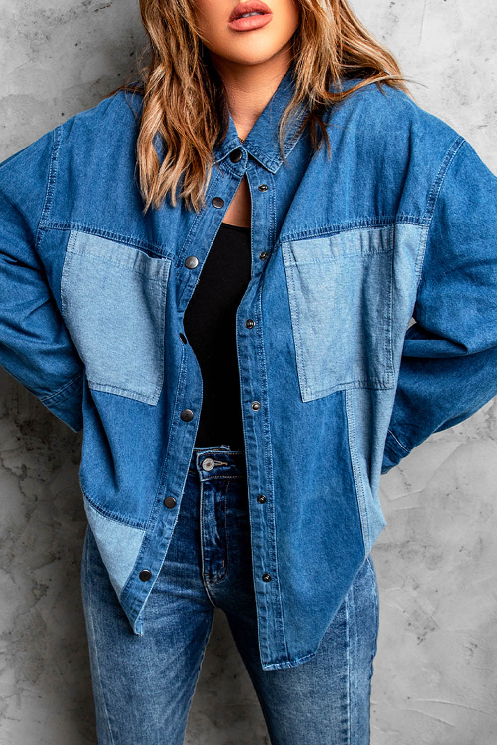 Blue Color Block Buttoned Denim Jacket