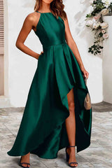 Green Satin Sleeveless Pleated High Low Dress with Pocket