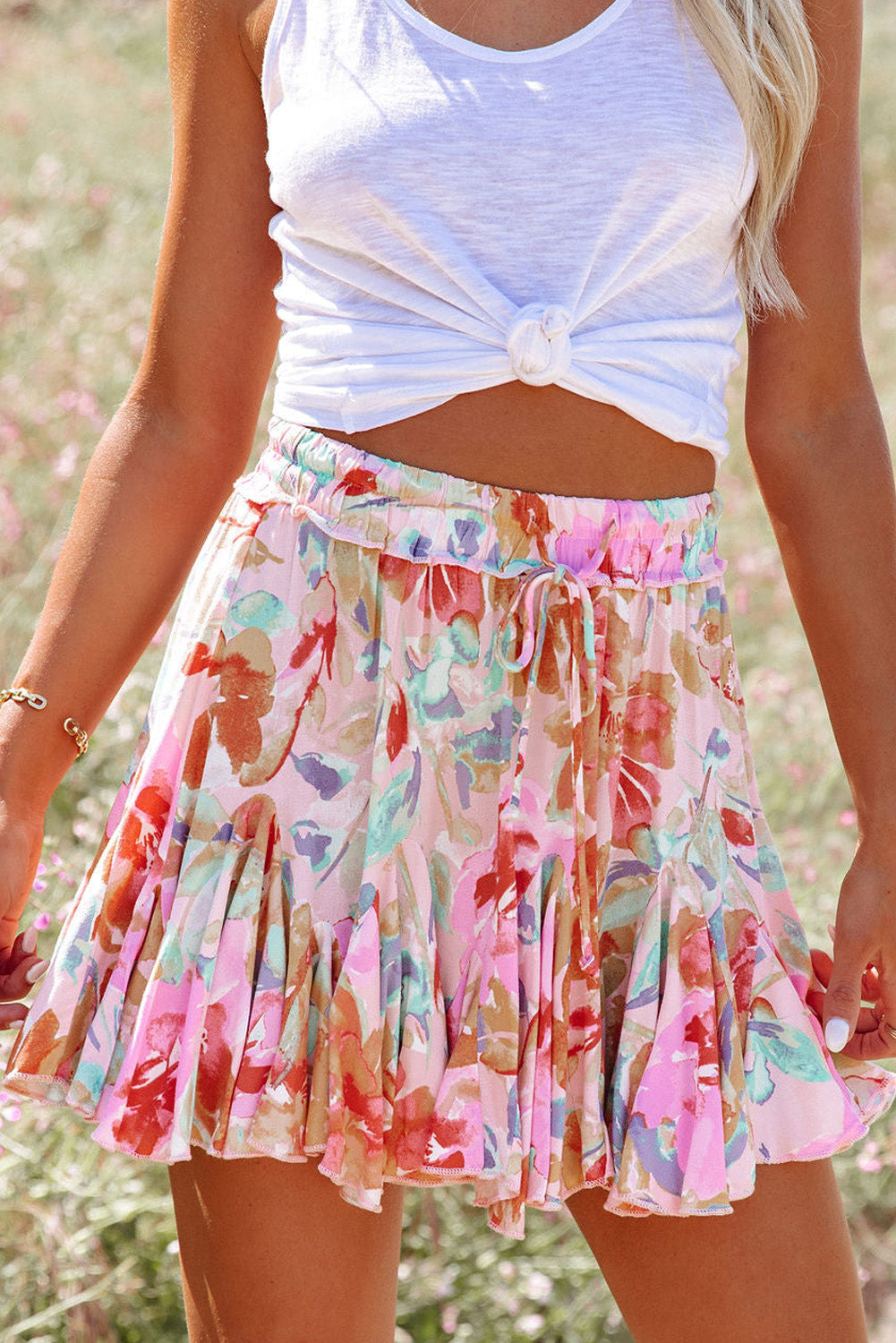 Multicolor Abstract Floral Print Ruffled Mini Skirt