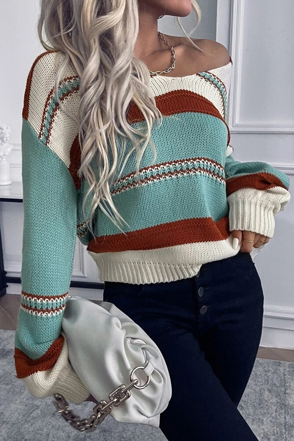 Sky Blue Striped Pattern Knit V Neck Sweater