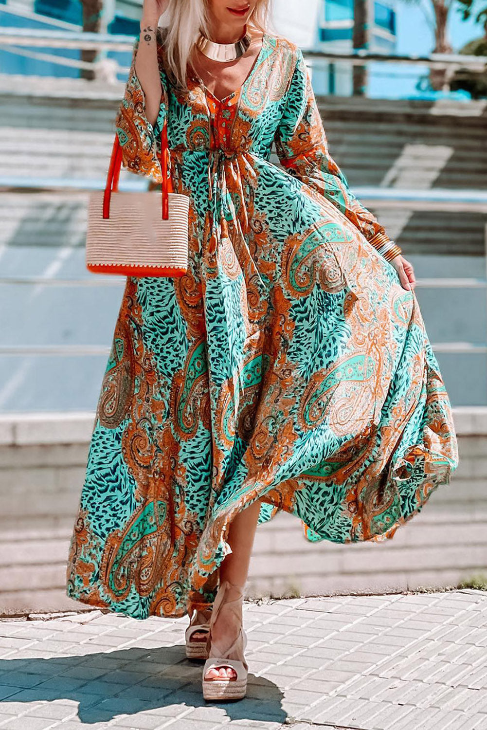 Green Boho Paisley Mix Print Long Sleeve V-Neck Tie Maxi Dress
