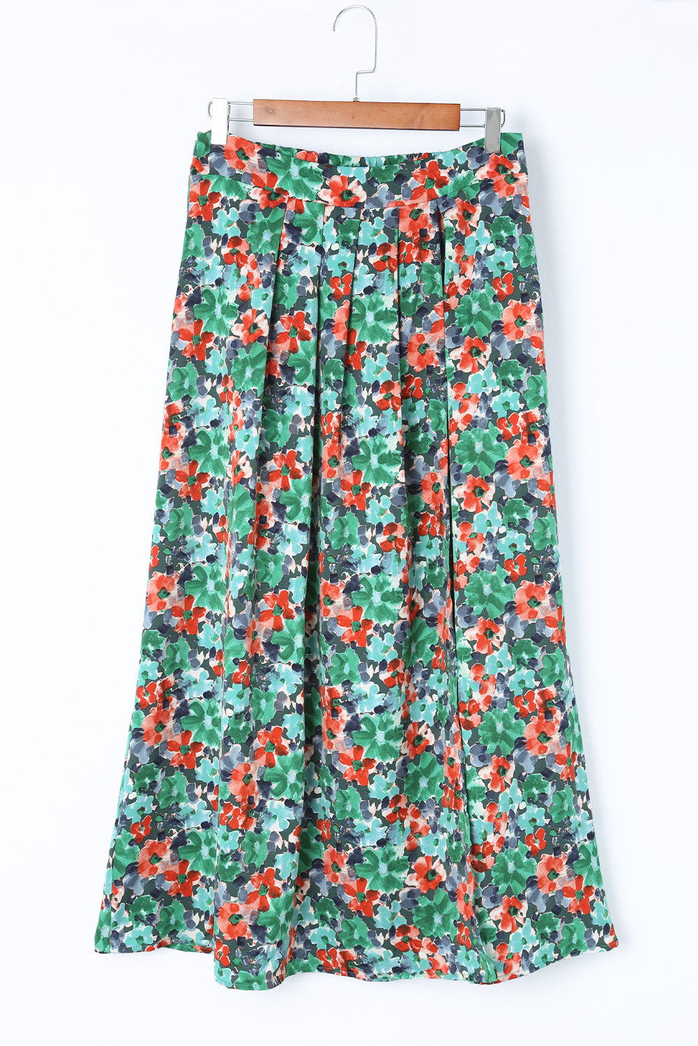 Green Floral Print Pleated Slit Skirt