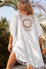 White Boho Crochet Tasseled Oversized Beach Cover Up