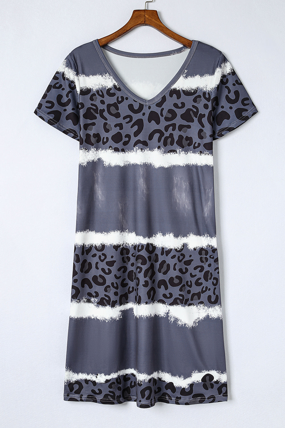 Gray Leopard Color Block V-Neck T-shirt Dress