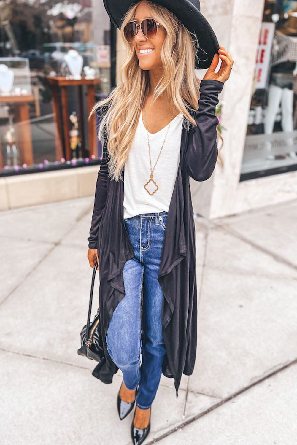 Black Draped Open Front Long Cardigan