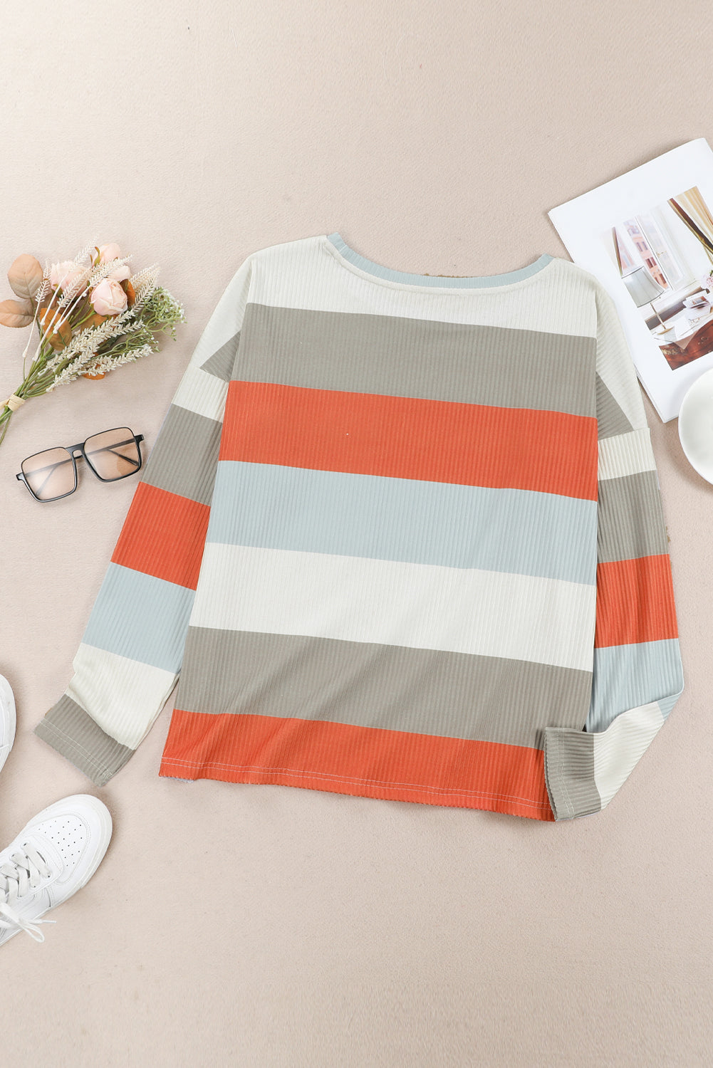 Red Striped Colorblock Ribbed Knit Top with Pocket