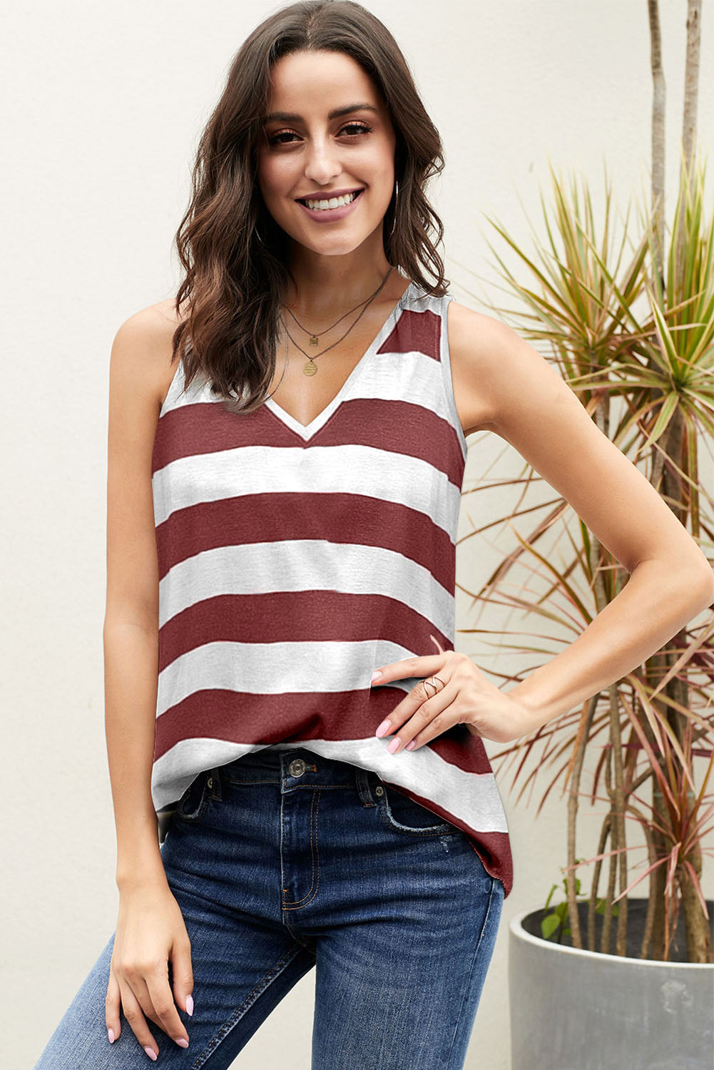 Apricot Striped V Neck Tank Top