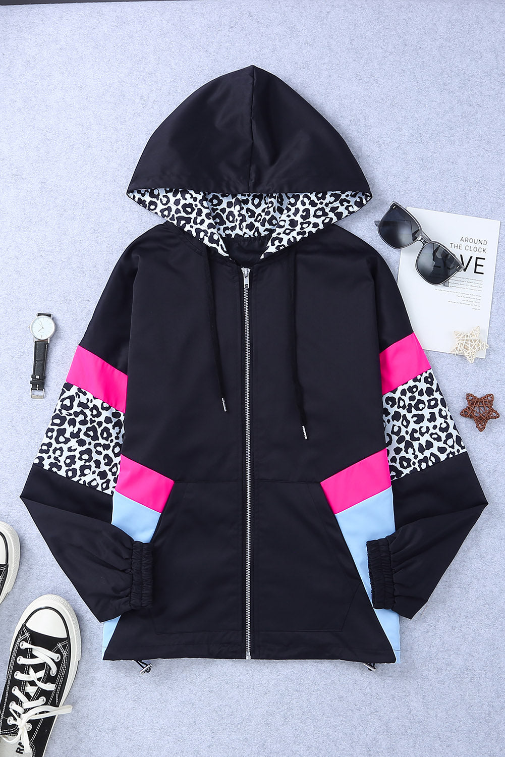 Black Leopard Color Block Pockets Zip-up Hooded Jacket