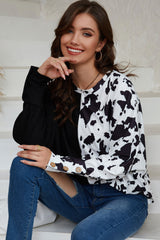 Black Cow Patchwork Waffle Knit Long Sleeve Top