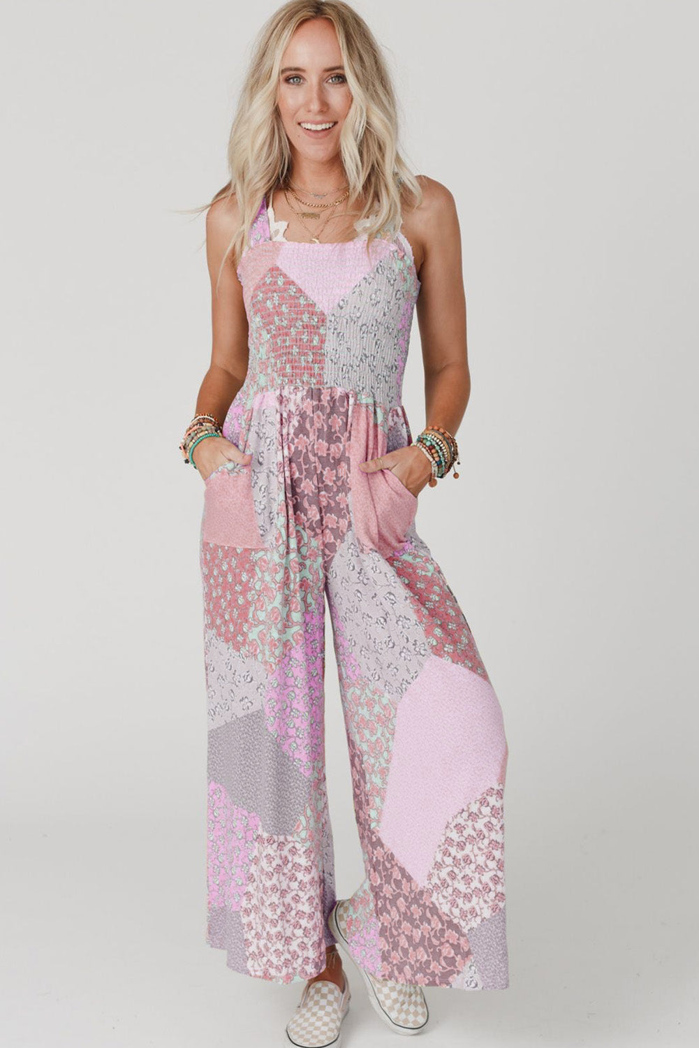 Multicolor Irregular Patchwork Print Smocked Wide Leg Jumpsuit