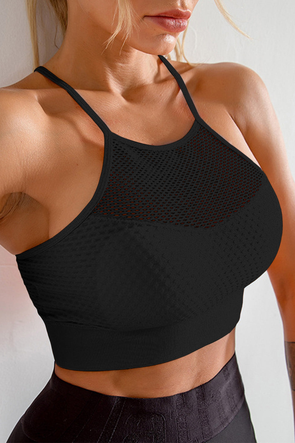 Black Mesh Hollow-out Splicing Yoga Camisole