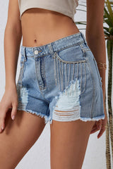 Sky Blue Rhinestone Tassel Distressed Denim Shorts