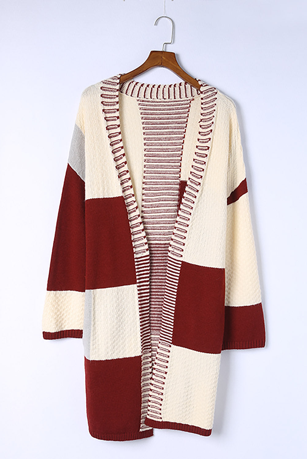 Red Chunky Block Pattern Knit Open Front Cardigan
