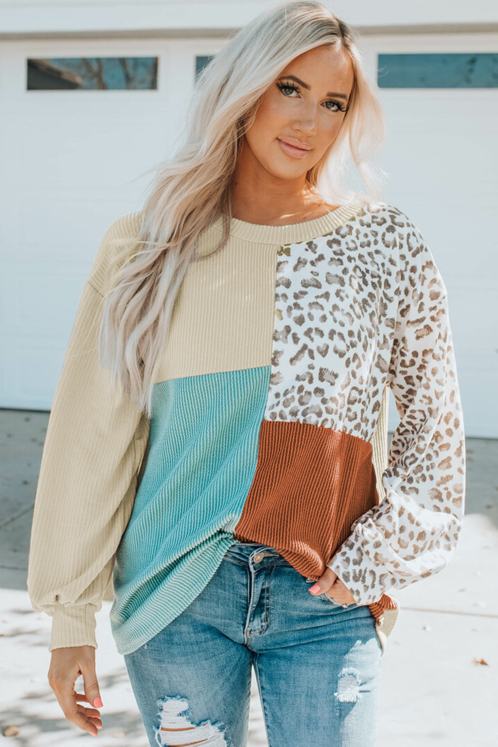 Rose Leopard Patchwork Color Block Ribbed Long Sleeve Top