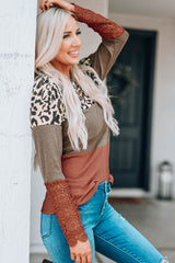 Brown Lace Splicing Hollow-out Leopard Color Block Top