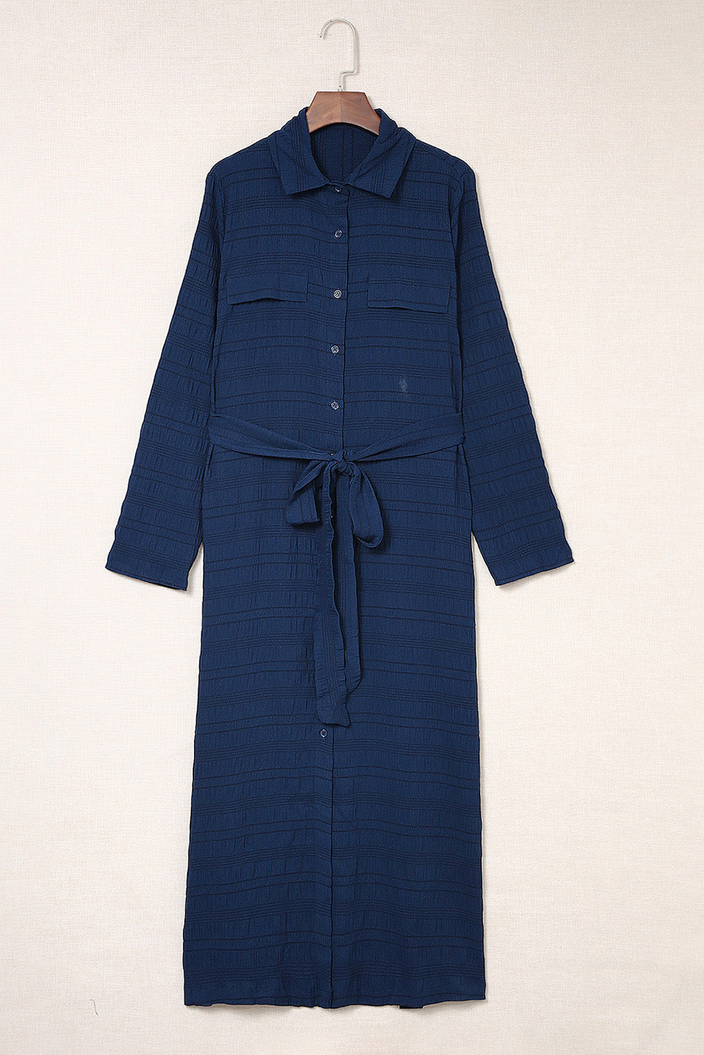 Blue Crinkle Textured Long Sleeve Shirt Dress with Belt