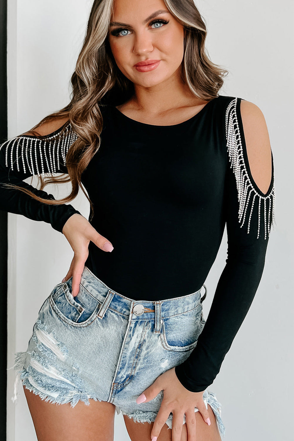 Black Rhinestone Fringed Cold Shoulder Long Sleeve Bodysuit