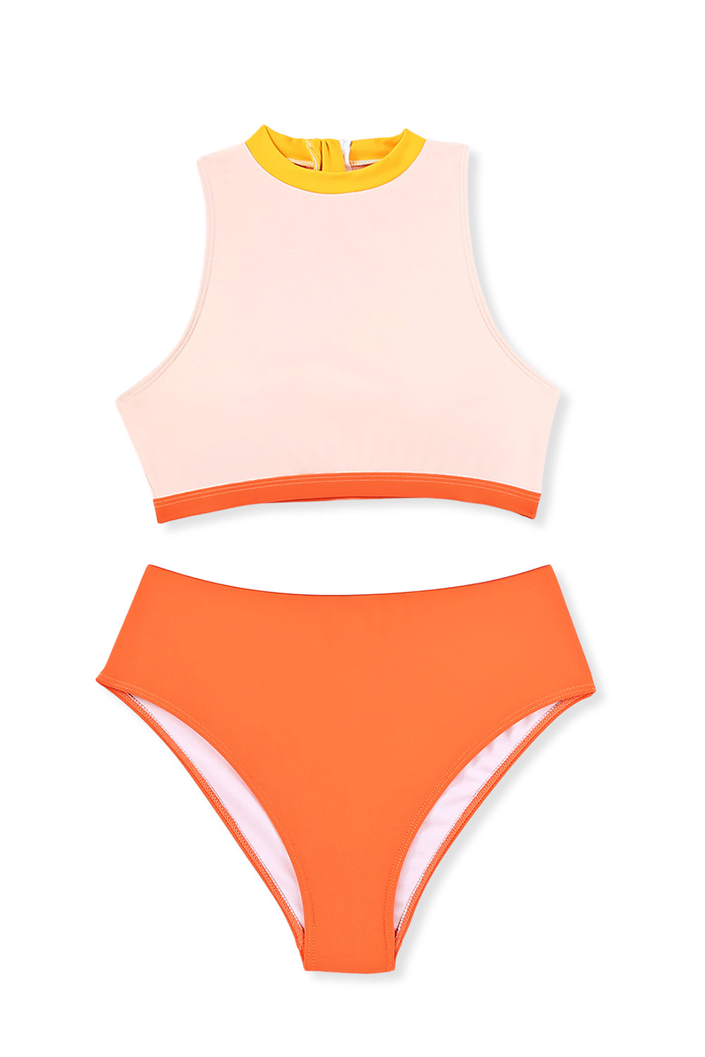 Orange Color Block Zipped Cut Out Bikini Swimwear