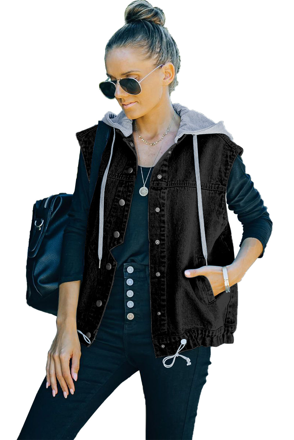 Black Solid Color Hooded Denim Vest Jacket