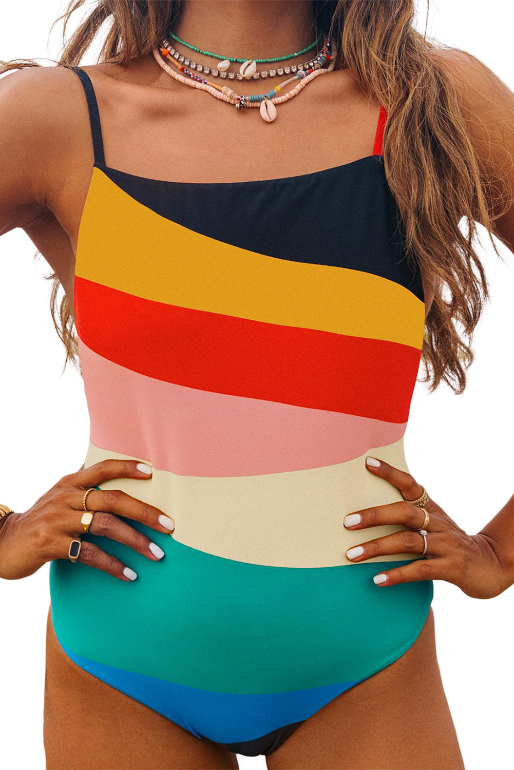 Multicolor Color Block Backless One-piece Swimsuit