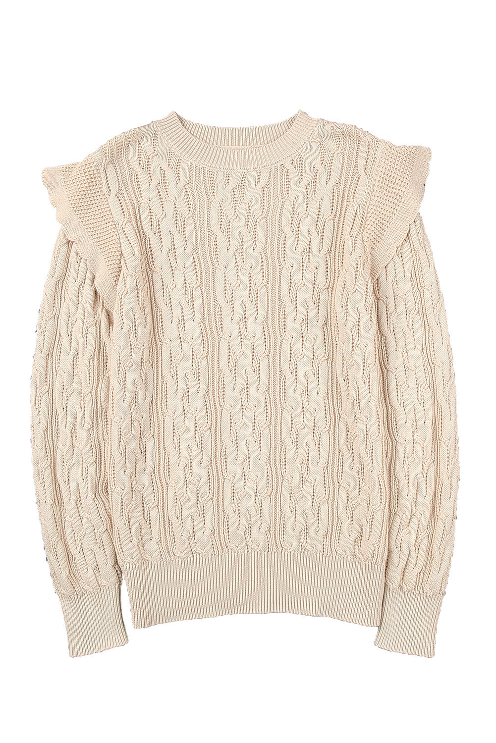 Green Frilled Shoulder Detail Cable Knit Sweater