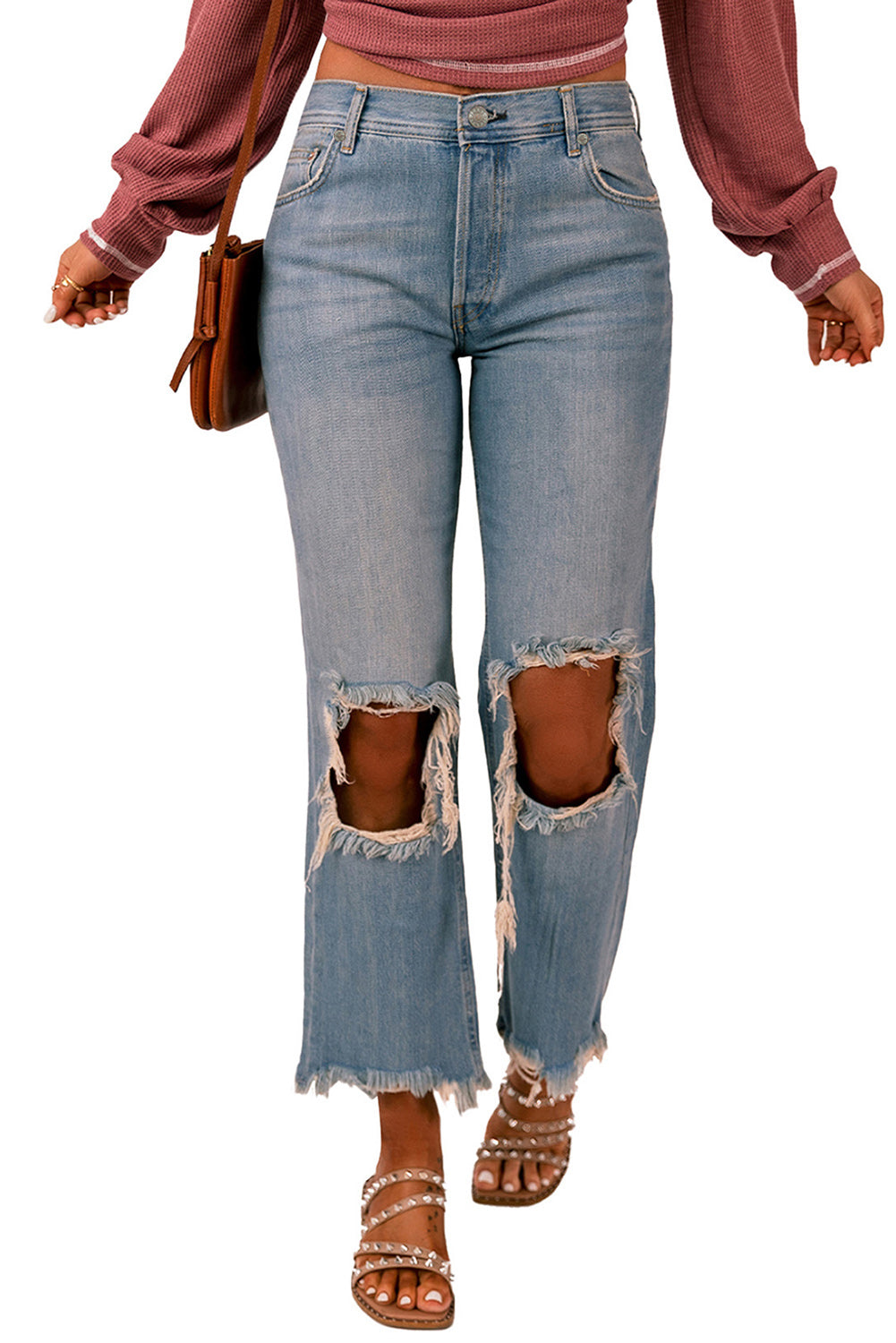 Sky Blue Distressed Knee Holes Straight Leg Jeans