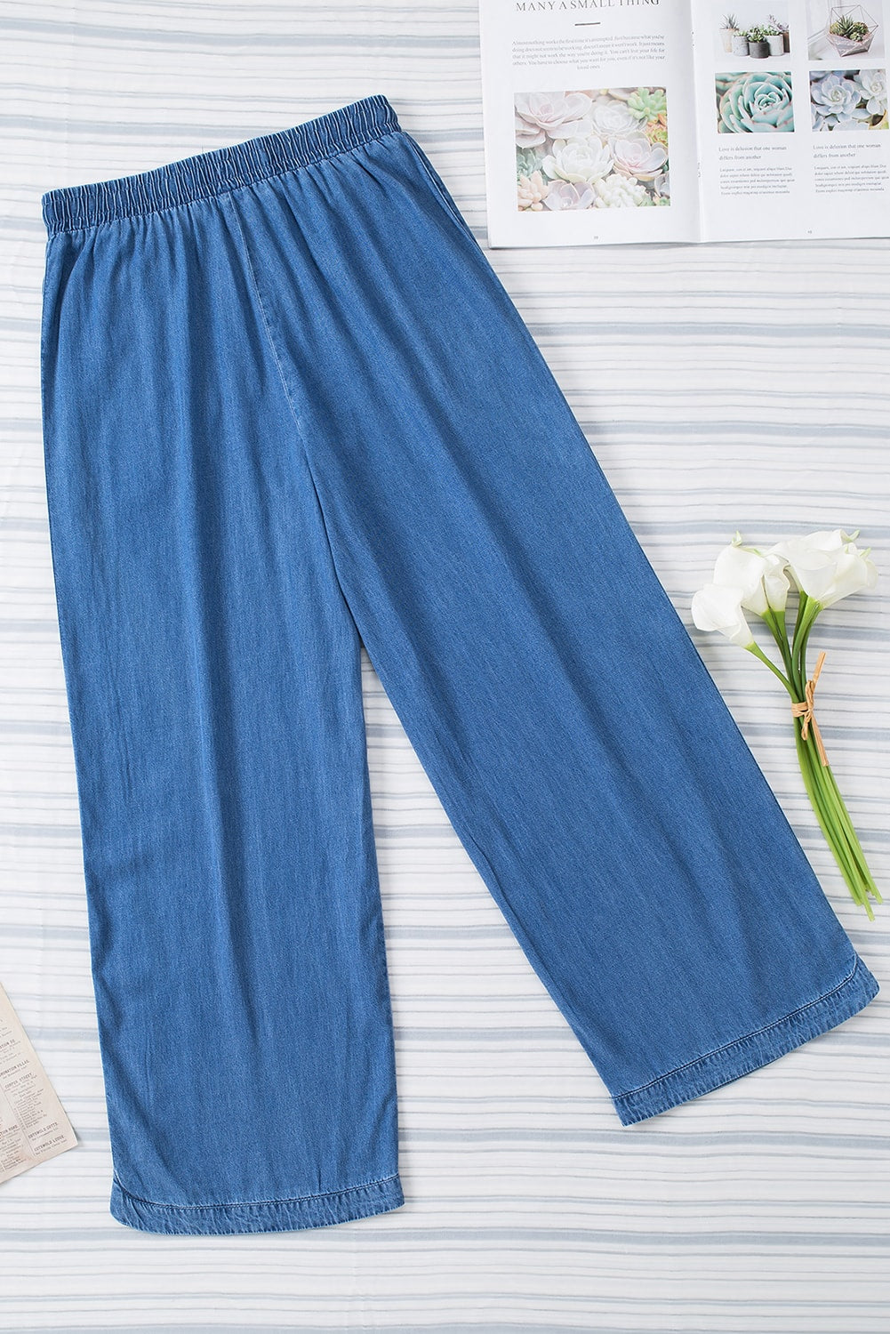 Sky Blue Wide Leg Drawstring Waist Loose Pants