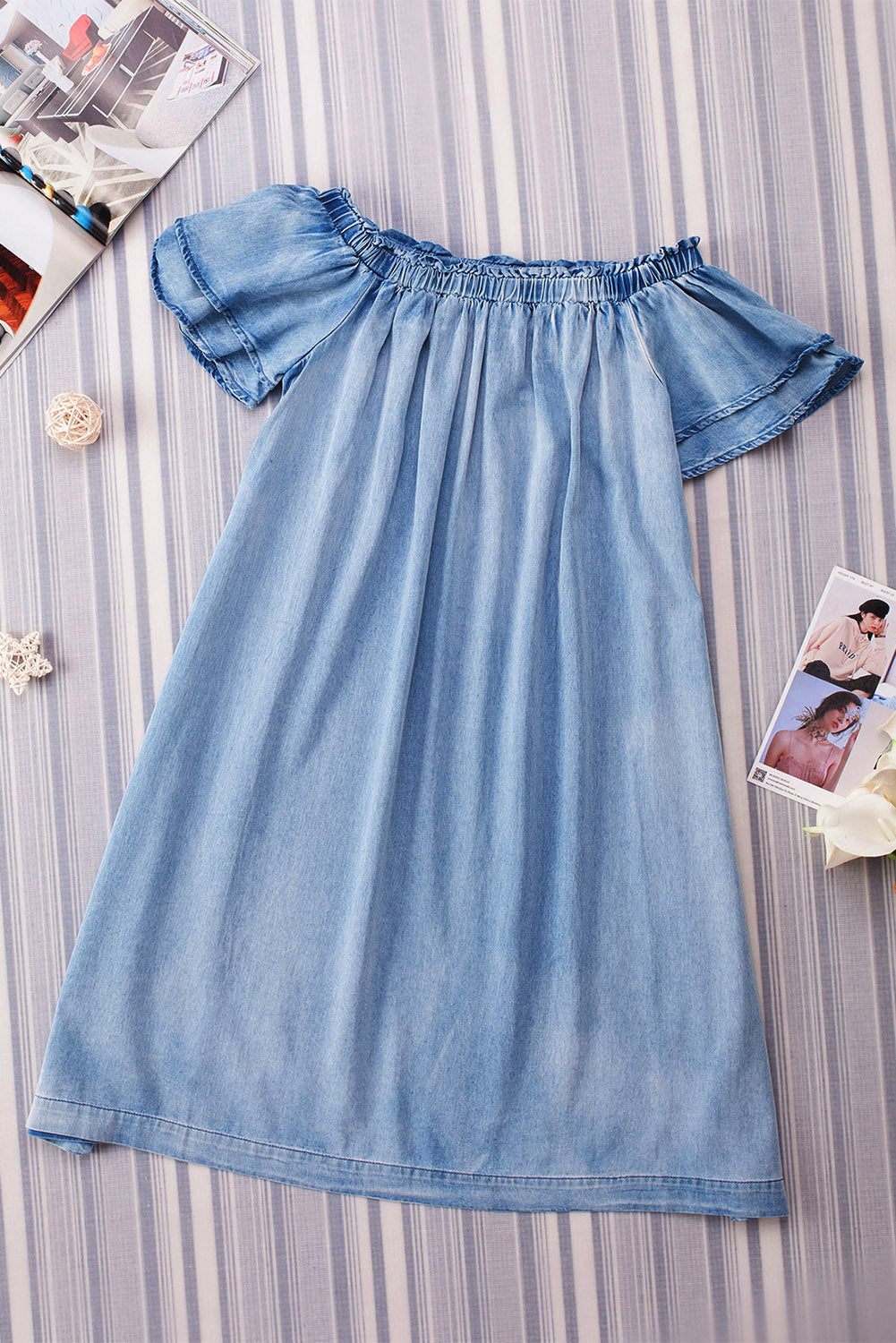 Sky Blue Off-shoulder Ruffle Sleeves Chambray Dress