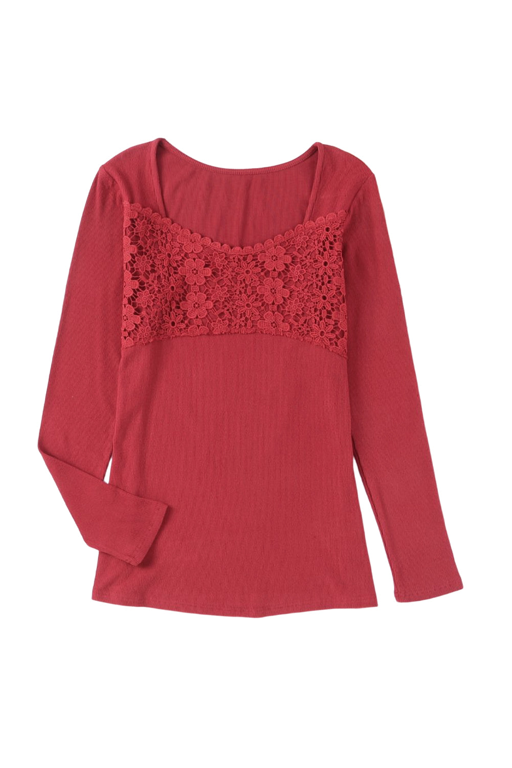 Red Lace Crochet V Neck Long Sleeve Top