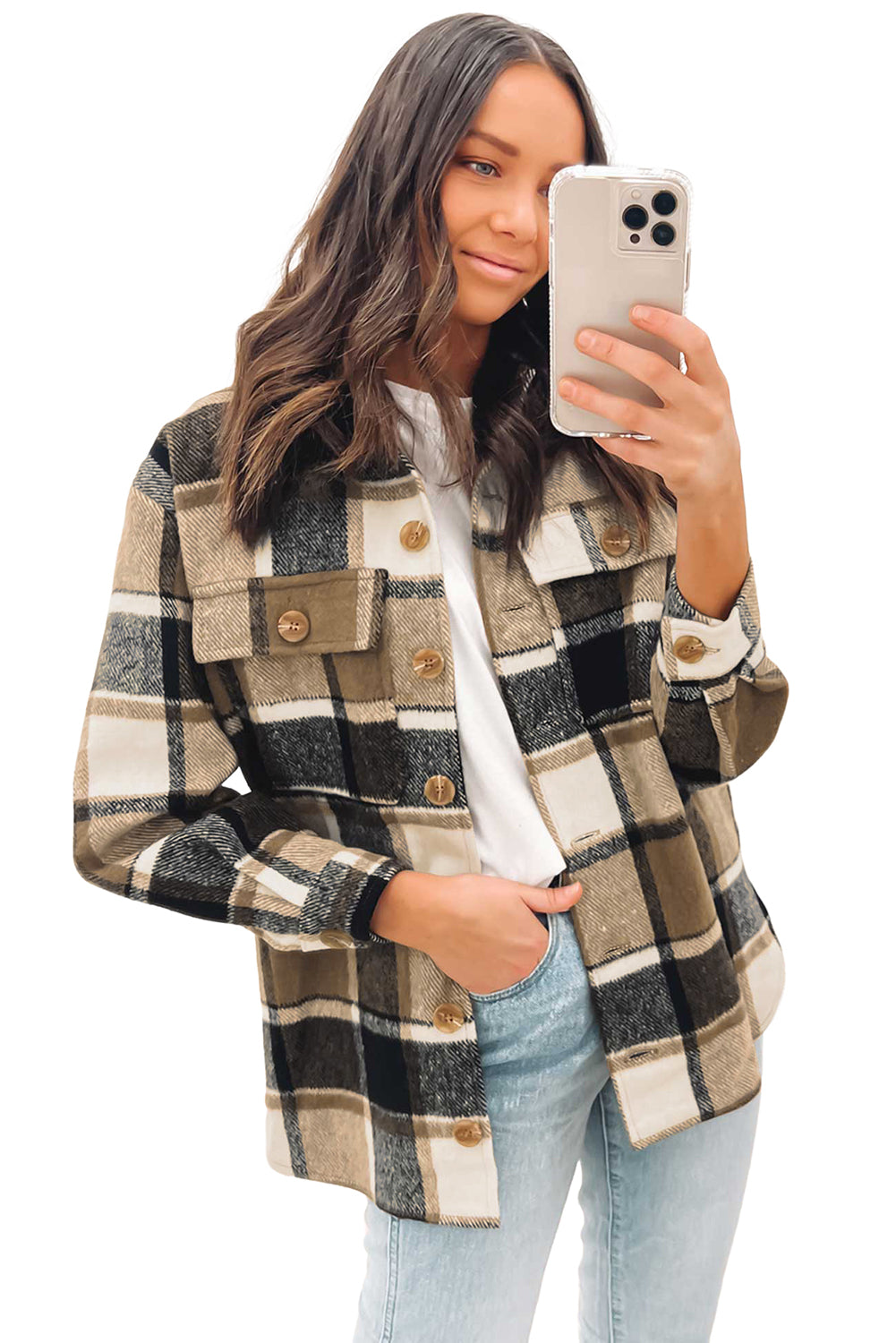 Khaki Retro Plaid Button Flap Pocket Shacket