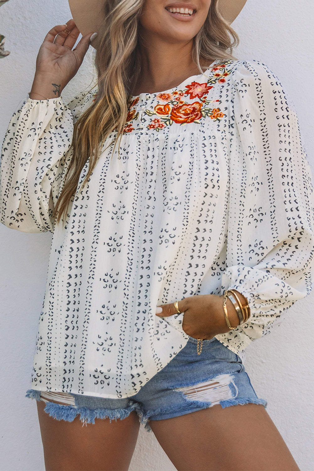 White Floral Embroidered Ethnic Printed Crinkle Blouse