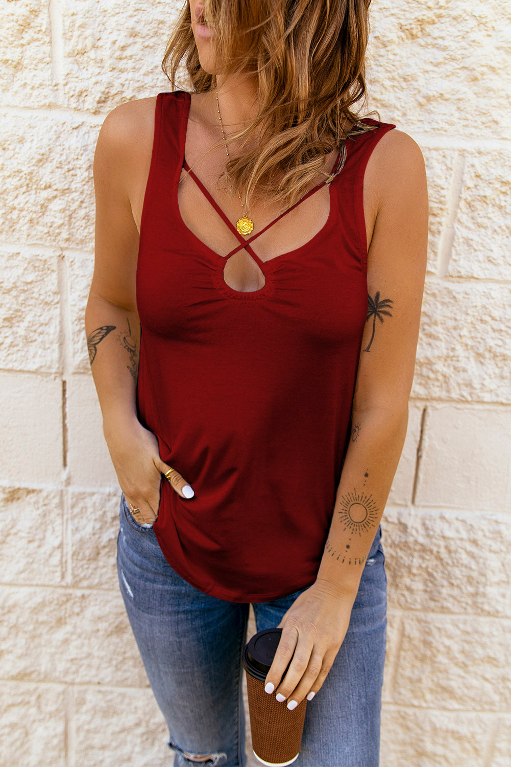 Red Solid Criss Cross Tank Top