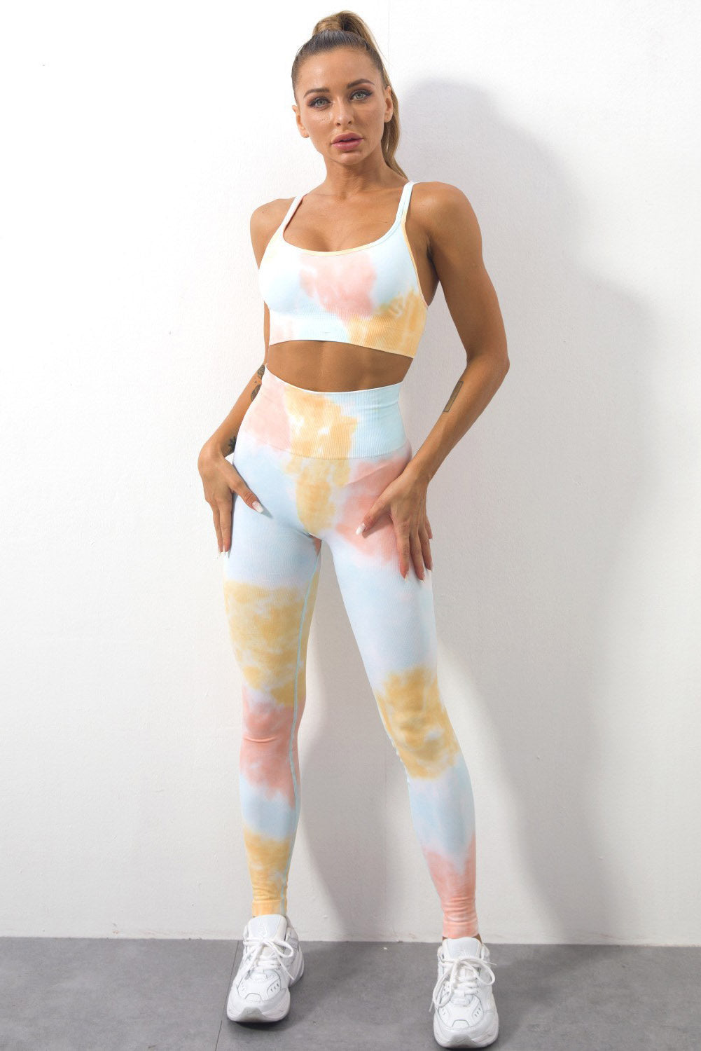 Sky Blue 2pcs Tie Dye Yoga Bra and High Waist Leggings Set