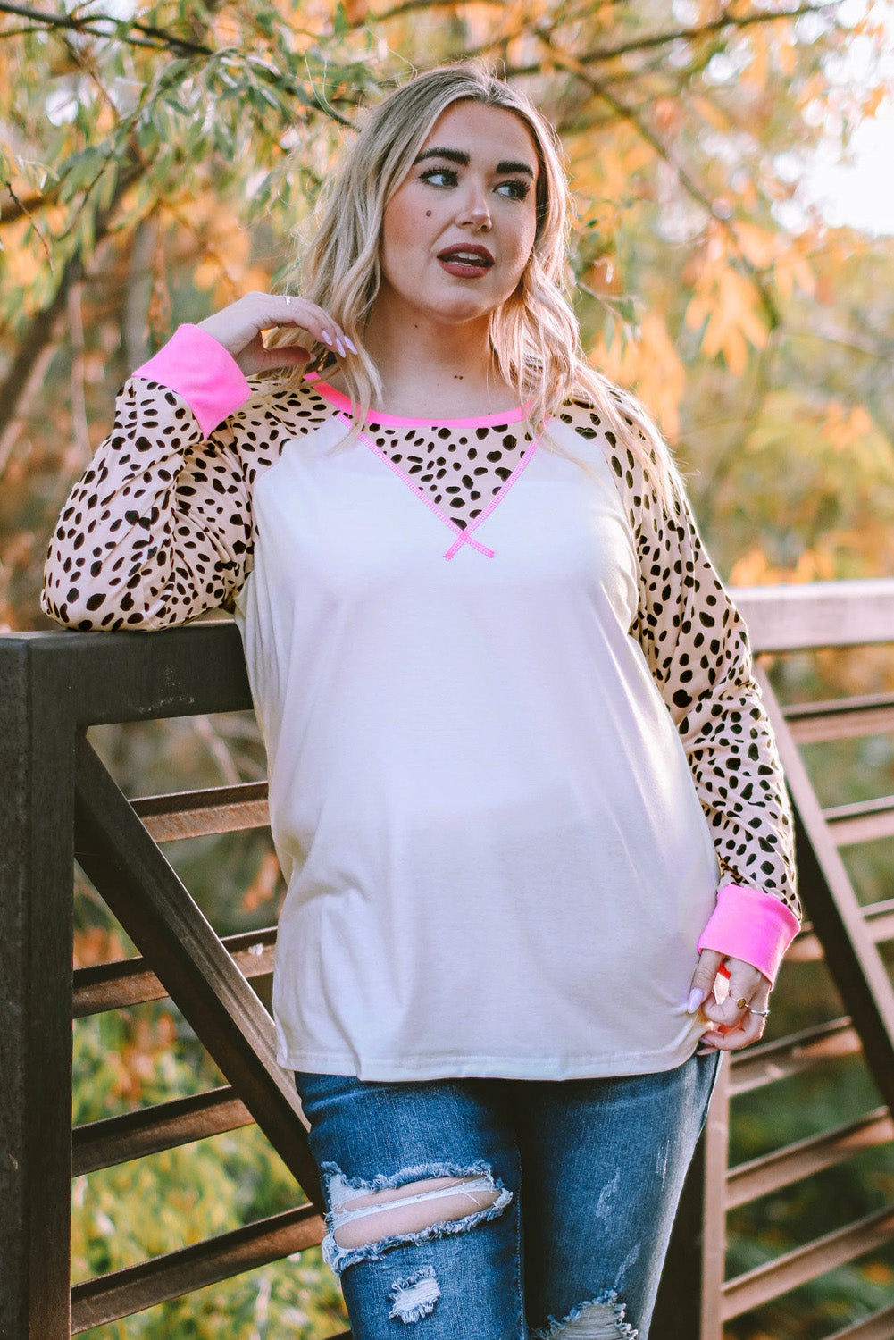 White Leopard Patchwork Long Sleeve Plus Size Top