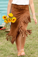 Brown Fringe Asymmetric Wrap Suede Midi Skirt