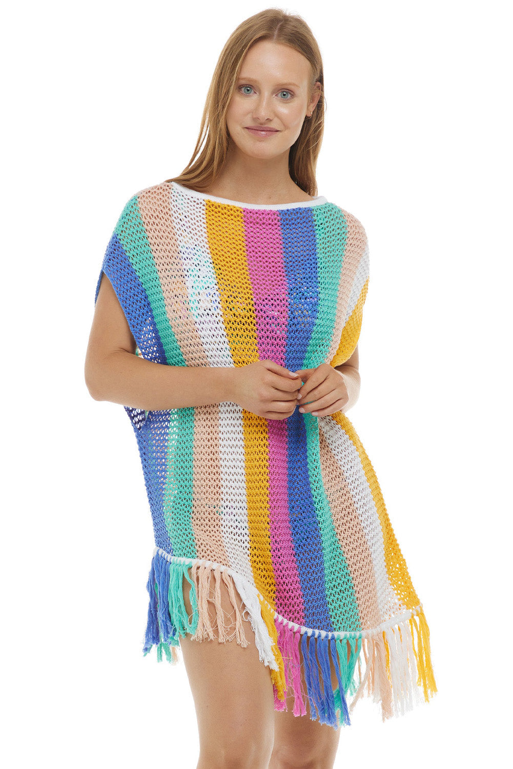 Multicolor Stripe Tasseled Crochet Beach Cover Up