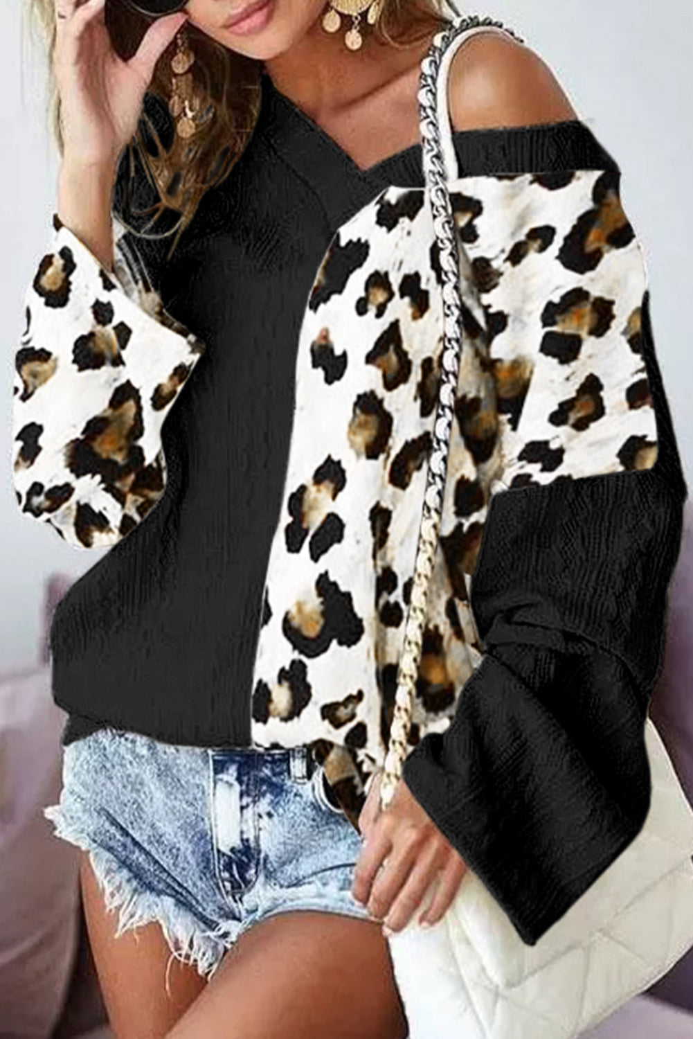 Khaki Asymmetric Leopard Patchwork Wide Sleeve V Neck Sweater
