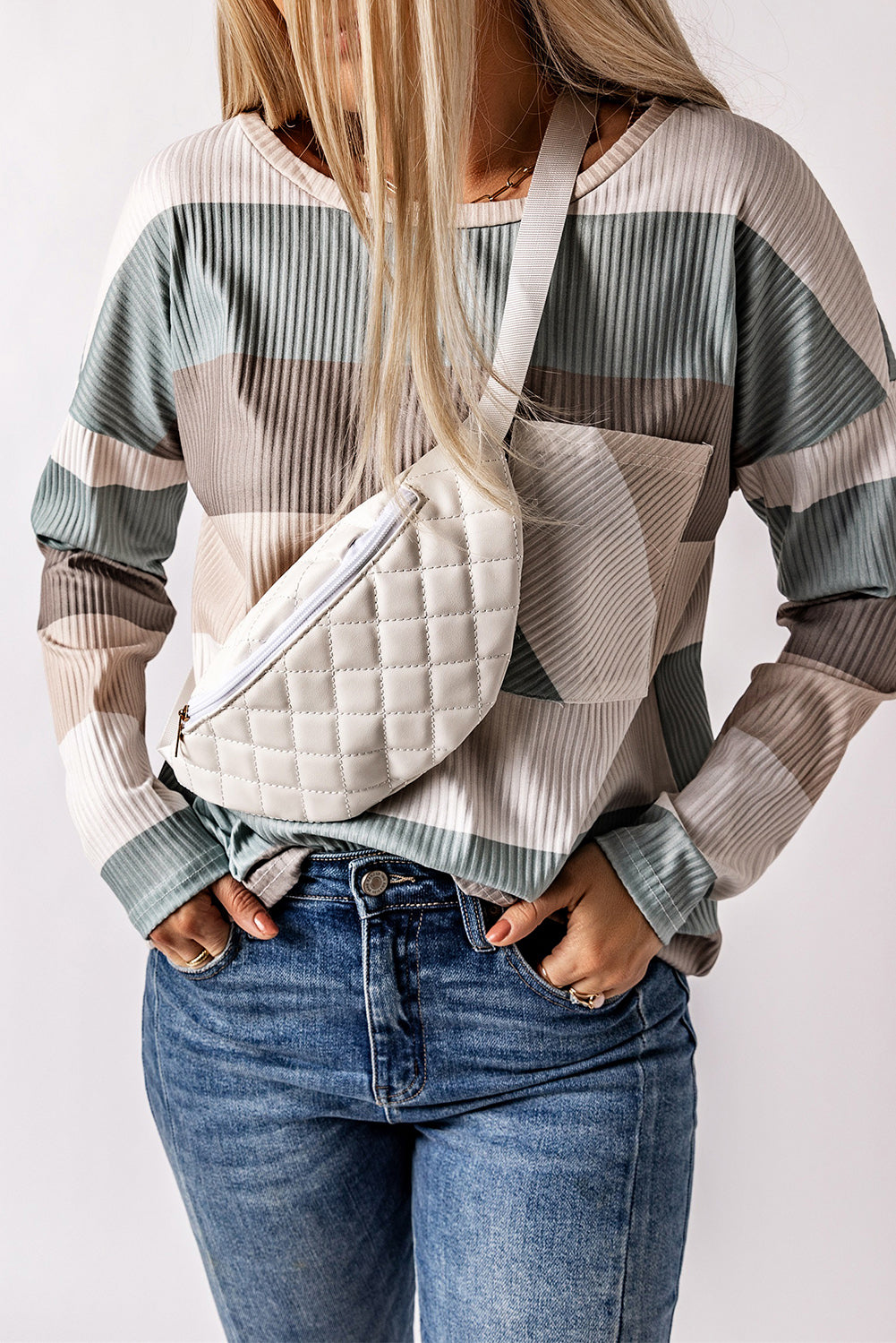 Red Striped Colorblock Ribbed Knit Top with Pocket