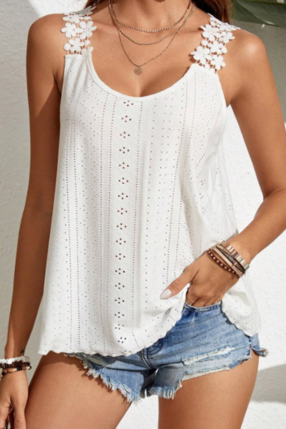 White Solid Color Eyelets Floral Straps Tank Top