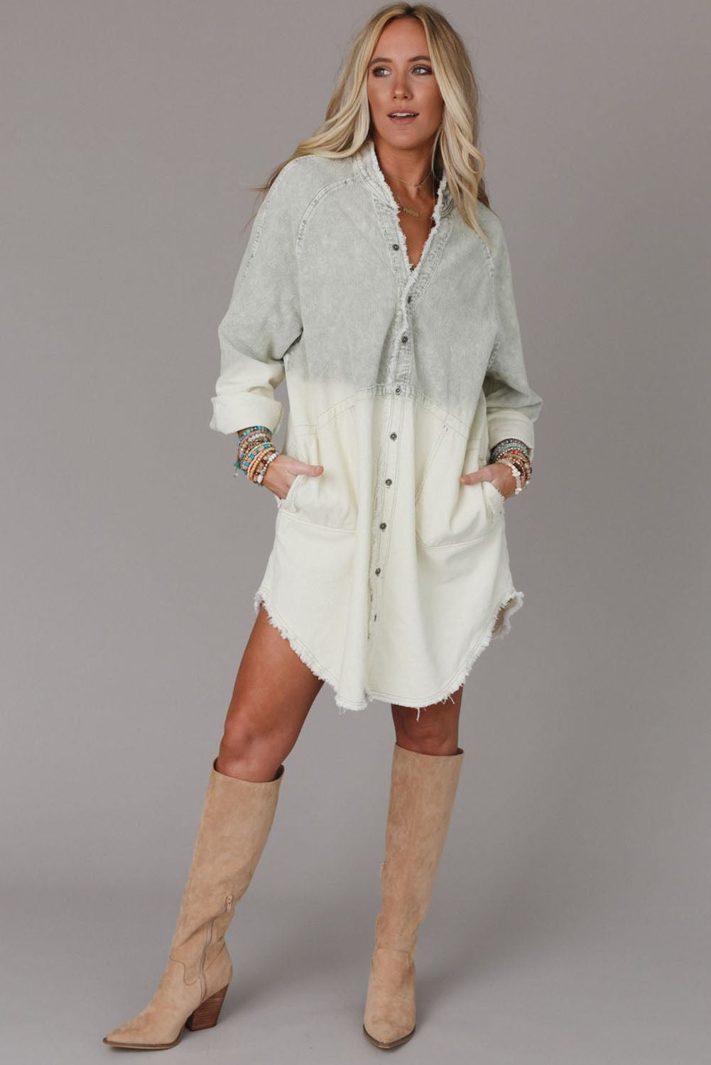 Gray Gradient Long Sleeve Button Up Raw Hem Denim Dress