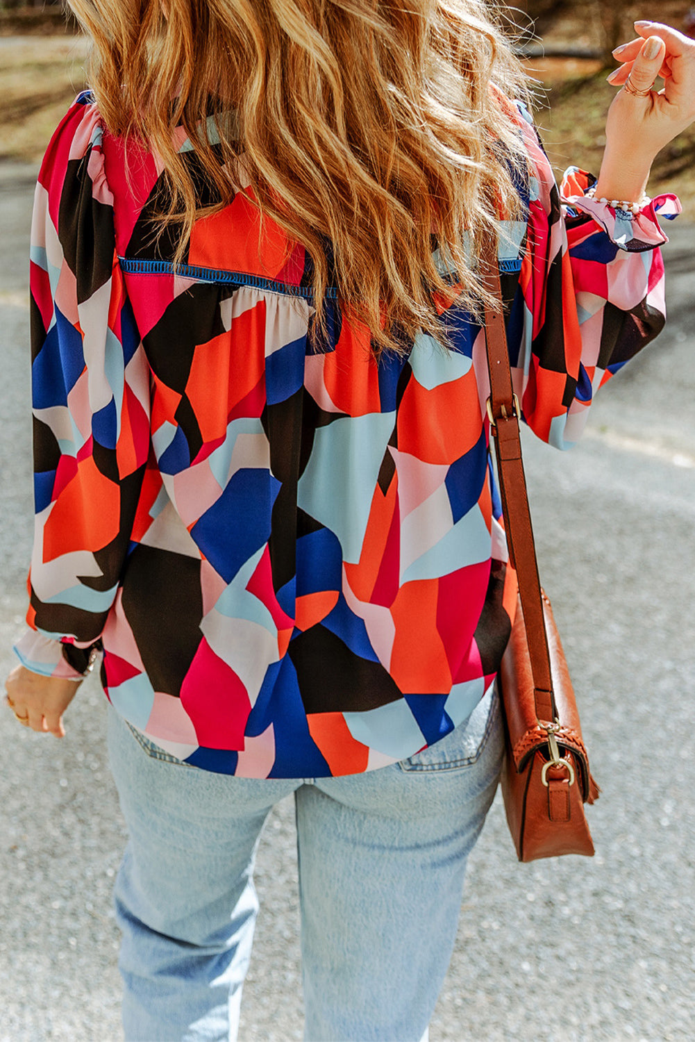 Multicolor Abstract Pattern Crewneck Ruffled Puff Sleeve Blouse