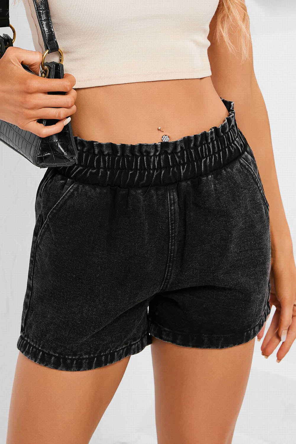 Black Retro Bleach-washed Ruffled Elastic High Waist Denim Shorts