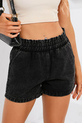 Black Retro Bleach-washed Ruffled Elastic High Waist Denim Shorts