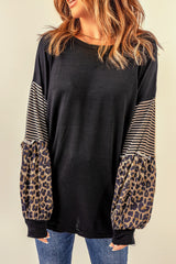 Black Leopard Striped Print Sleeve Colorblock Top