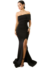 Black Off The Shoulder One Sleeve Slit Maxi Prom Dress