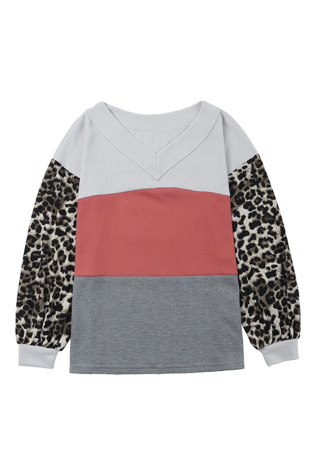 Red Wild Leopard Contrast Sleeve Colorblock Waffle Knit Top