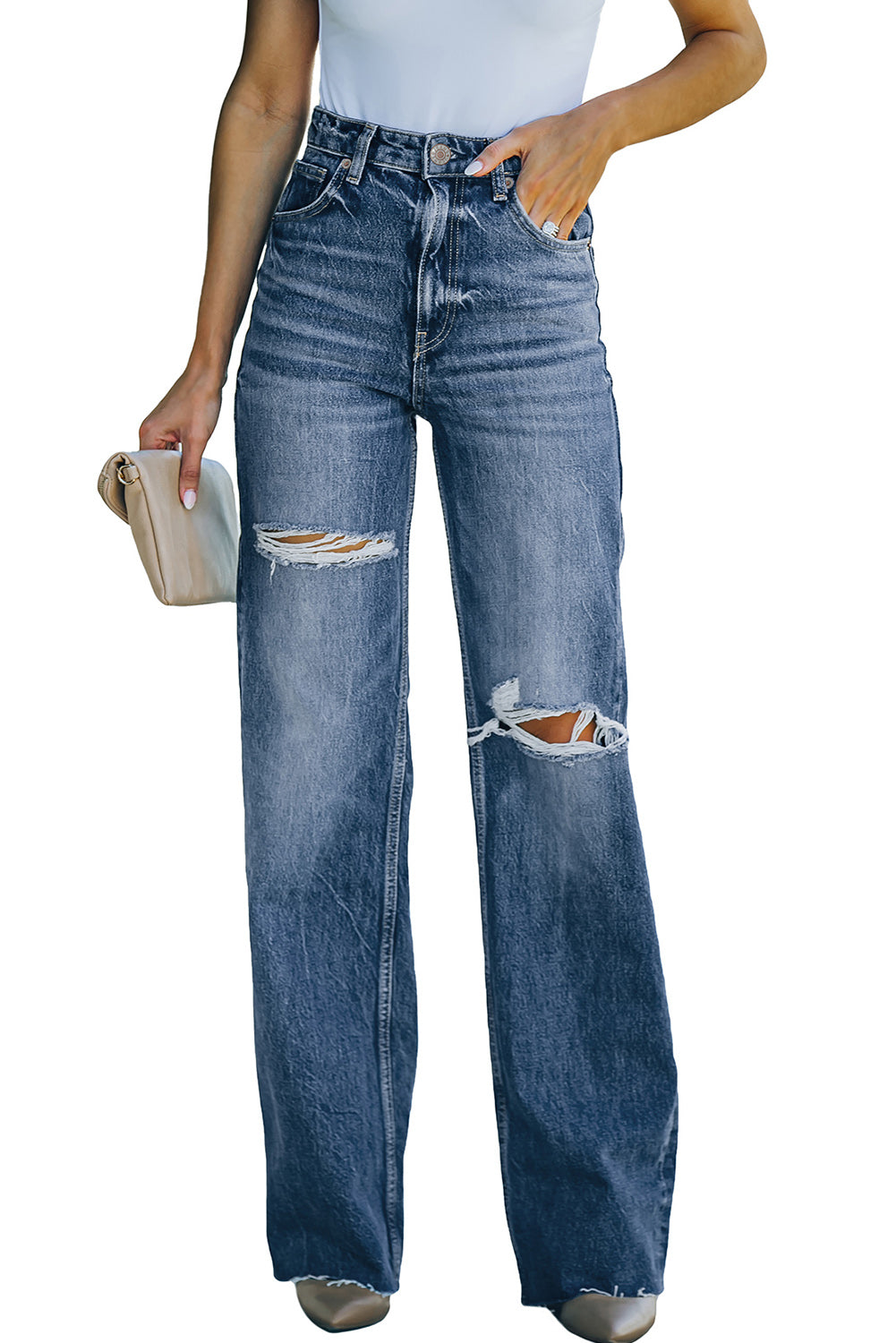 Sky Blue High Rise Ripped Straight Legs Loose Jeans