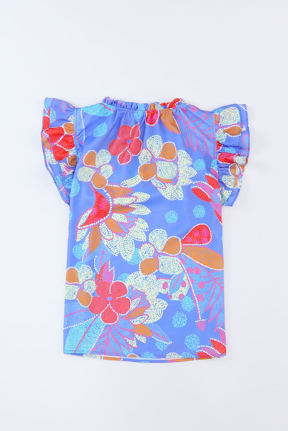 Blue Split V Neck Flutter Floral Top